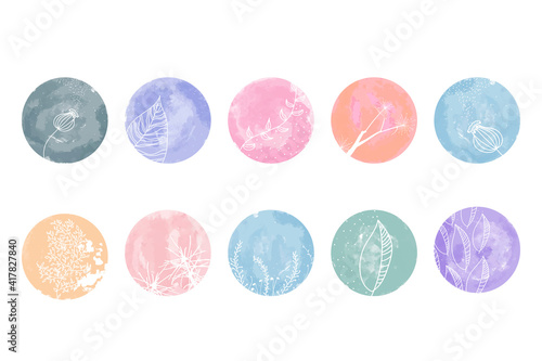 Highlight cover set, abstract floral botanical icons for social media. Vector illustration.  watercolor design. Set of Instagram Story Highlights Covers Icons. Colorful watercolor background