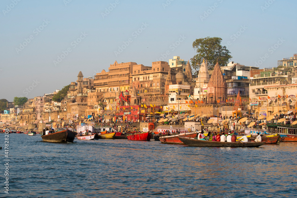 Varanasi / India 27 March 2018 View of Prayag Ghat and Dashaswamedh Ghat from Ganges river at Varanasi  Uttar Pradesh India