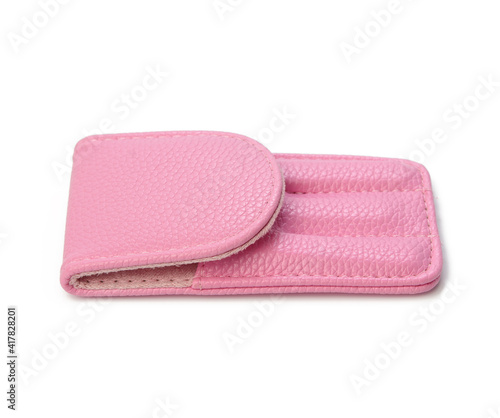 pink leather case for manicure set isolated on white background