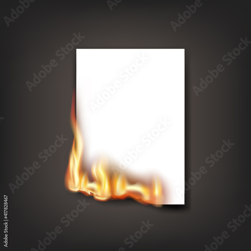 Burning paper, with fire flames, white paper blank. Devil pact.