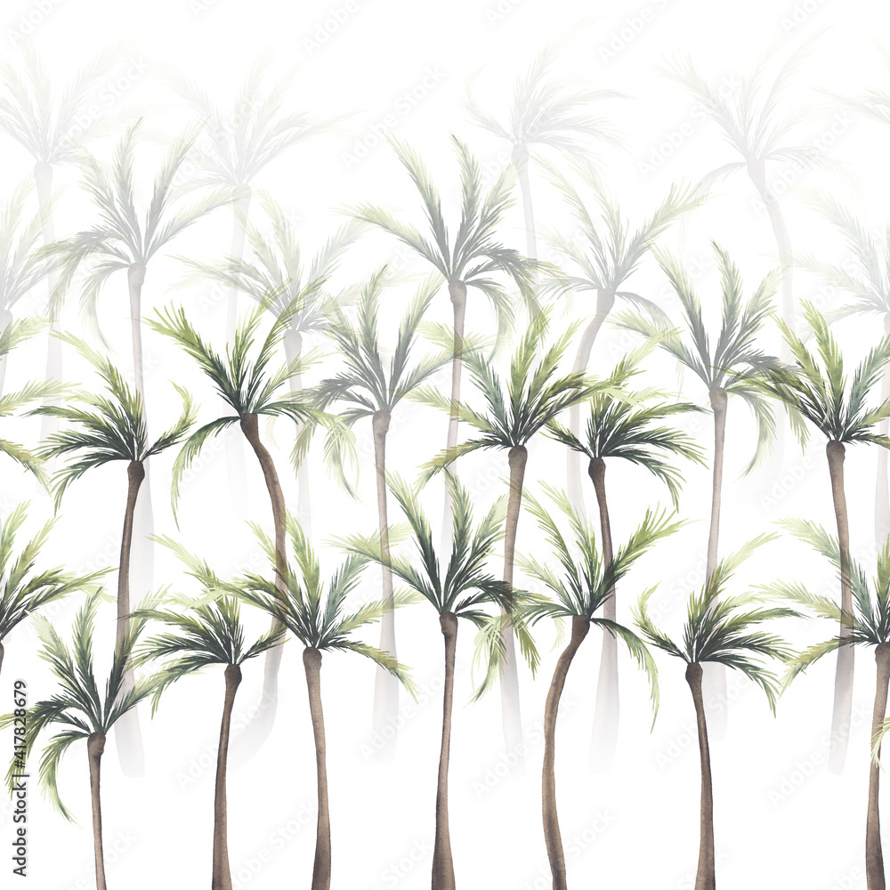 Fototapeta premium Vintage tropical palm trees. Seamless floral pattern with tropical trees on summer background. Template design for textiles, interior, clothes, wallpaper. Watercolot illustration. Botanical art