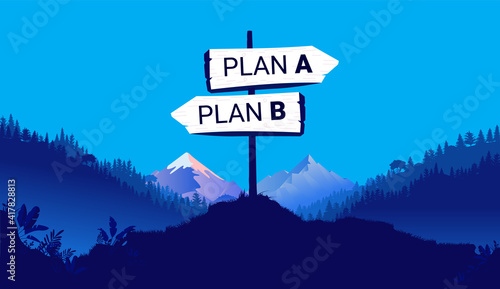 Life choice plan A or B - Signpost in nature landscape pointing in two directions. Future planning concept. Vector illustration.