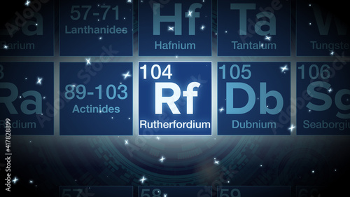 Close up of the Rutherfordium symbol in the periodic table, tech space environment.