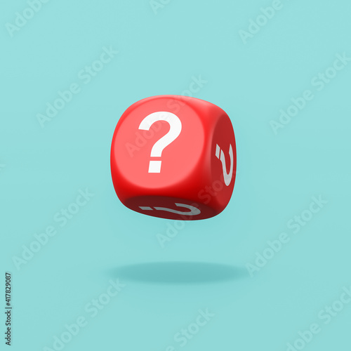 Fotografie Question Mark Red Dice on Blue Background