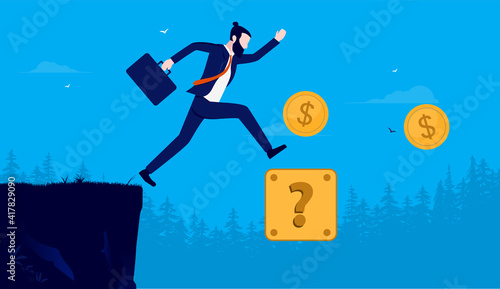 Business video game - Businessman jumping and playing the game, trying to find money and power ups. Vector illustration.