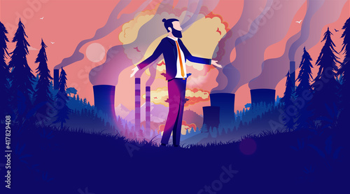 Business destroying the world - Businessman in apocalyptic landscape with pollution and destruction. Environmental crisis and problem concept. Vector illustration.