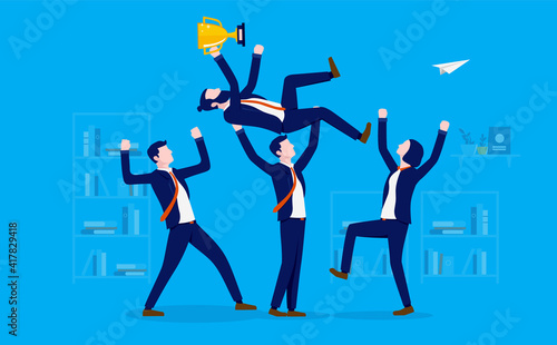 Lifting colleague - Business people cheering and celebrating for a businessman that's done a great job. Supportive colleagues concept. Vector illustration.