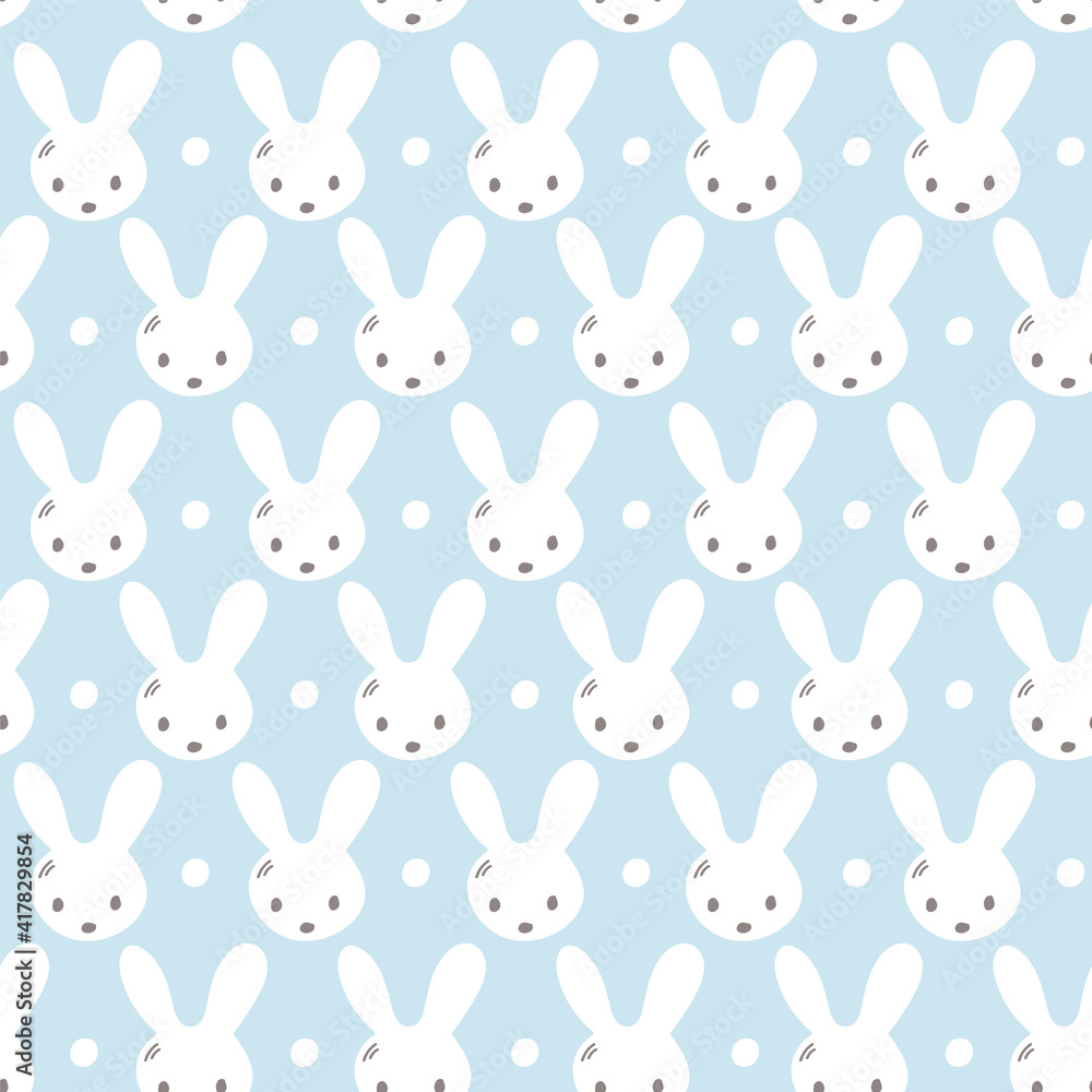Seamless pattern with cute rabbit muzzles, flat handdrawn style. Geometric ornament with little bunnies. Kitten’s pretty heads with little ears. Rhombus greed style pattern vector illustration
