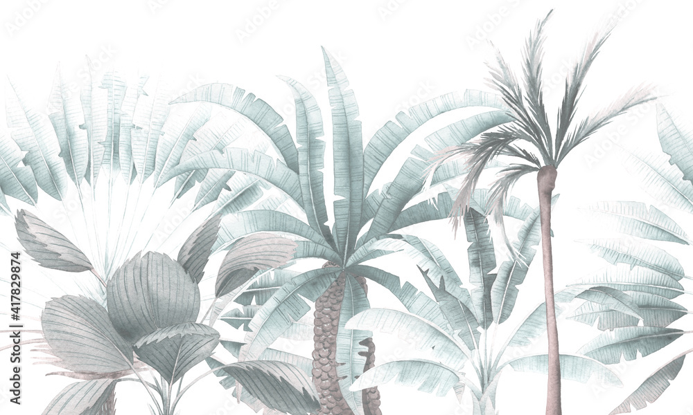 Fototapeta Vintage tropical palm trees. Seamless floral pattern with tropical trees on summer background. Template design for textiles, interior, clothes, wallpaper. Watercolot illustration.  Botanical art