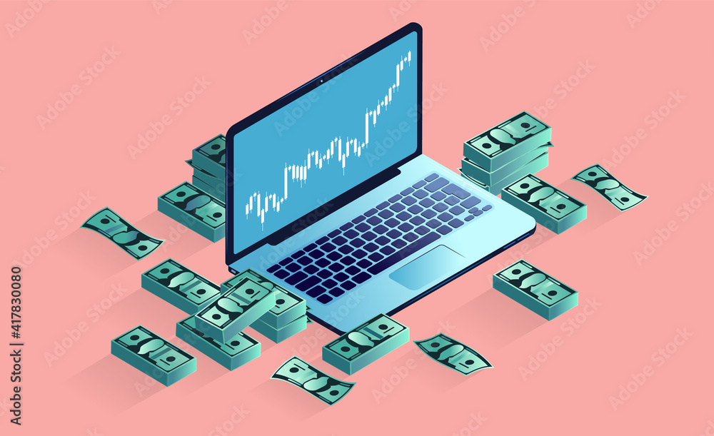Make money with computer - Laptop with money and rising graph on screen. Digital investing and earnings concept. Vector illustration. Make money with computer - Laptop with money and rising graph on screen. Digital investing and earnings concept. Vector illustration.