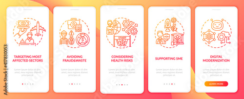 Supporting SME onboarding mobile app page screen with concepts. Propping up economies of country walkthrough 5 steps graphic instructions. UI vector template with RGB color illustrations
