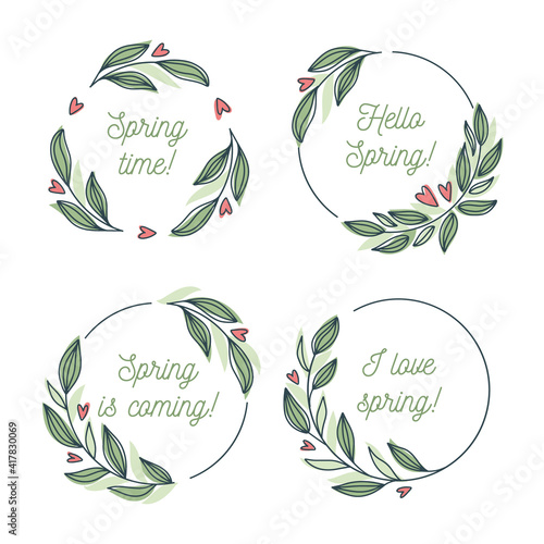 Hello spring, Spring is coming floral wreath collection, hand drawn vector illustration isolated on white. Decorative round frames with flowers and leaves, ink sketch