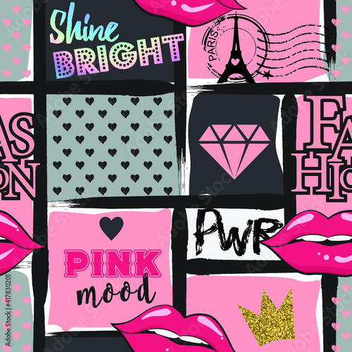 hand drawn fashion girls pattern. Colourful modern teenagers background with graffiti elements, stickers. girlish  print for textile, clothes, wrapping paper.