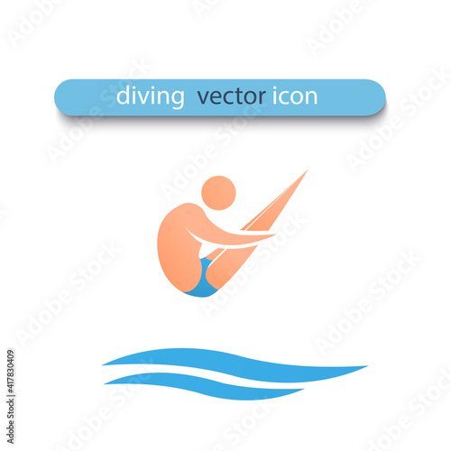 An athlete jumps from springboard into the water. The athlete is grouped in the air. He rotates around himself. Vector flat design illustration. Symbol of water sports competition