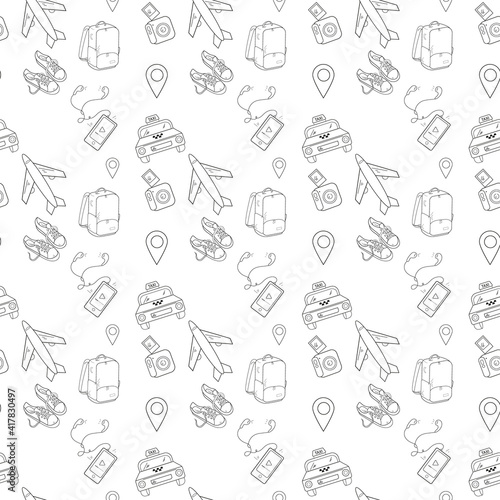 Seamless pattern of tourist theme in doodle style. Design, layout, print, label.