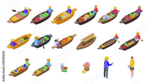 Floating market icons set. Isometric set of floating market vector icons for web design isolated on white background