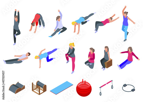Pilates icons set. Isometric set of pilates vector icons for web design isolated on white background