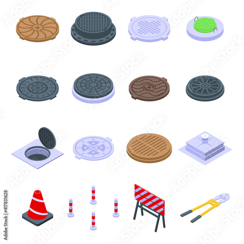 Manhole icons set. Isometric set of manhole vector icons for web design isolated on white background