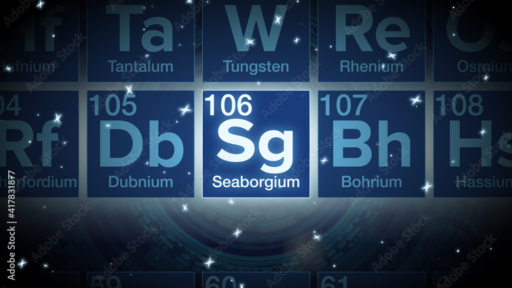 Close up of the Seaborgium symbol in the periodic table, tech space environment.