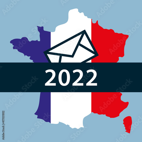 2022 Elections. Carte de France aux couleurs du drapeau français sur fond bleu. Illustration vectorielle.
