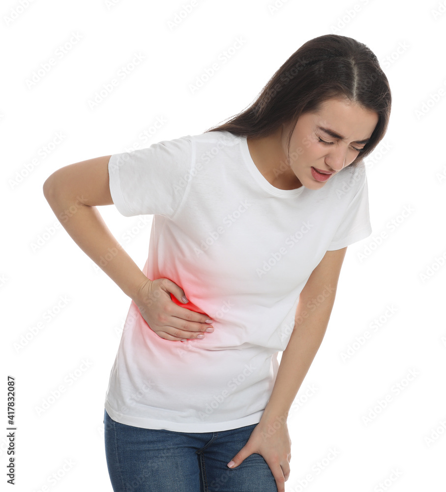 Young woman suffering from liver pain on white background Young woman suffering from liver pain on white background