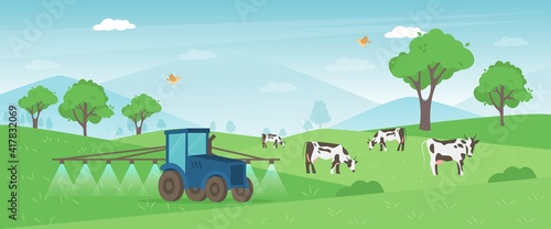 Agriculture farm banner. Tractor cultivating field at spring vector illustration.