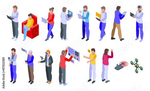 Interaction icons set. Isometric set of interaction vector icons for web design isolated on white background