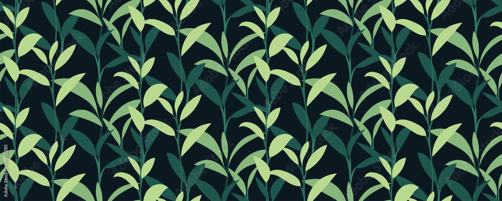 Tea leaves background vector. Seamless pattern with rich and neon green leaves on a dark background. Mysterious backdrop. Hand drawn fresh botanical design for fabrics, wallpapers, prints... Vector. Tea leaves background vector. Seamless pattern with rich and neon green leaves on a dark background. Mysterious backdrop. Hand drawn fresh botanical design for fabrics, wallpapers, prints... Vector.