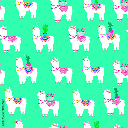 Seamless pattern with a cute lama and cactus. Pink Background for wrapping paper, rucksack, clothes, fabric, textiles, wallpaper, socks, web, cards. Vector animal illustration for kids.