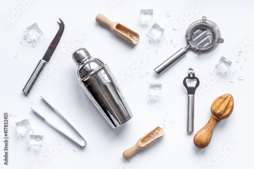 Bar tools and utensils for cocktail - with shaker, strainer and ice