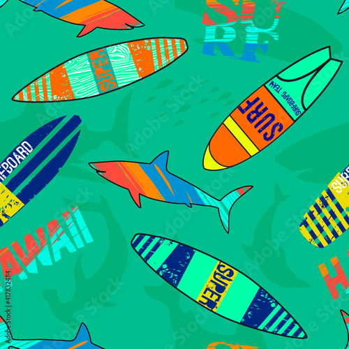 Seamless  Sea surfing pattern with bright surf decks. 
