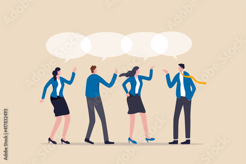 Teamwork share opinion, team meeting sharing idea to solve problem, discussion and thought in business meeting concept, businessmen and women working team speak with shared their thought speech bubble