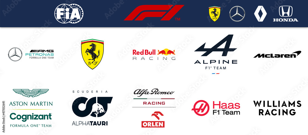 Vector logos of the 2021 Formula 1 teams. Transparent background. Stock ...