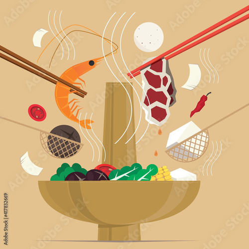 Graphic illustration of a Chinese hot pot meal