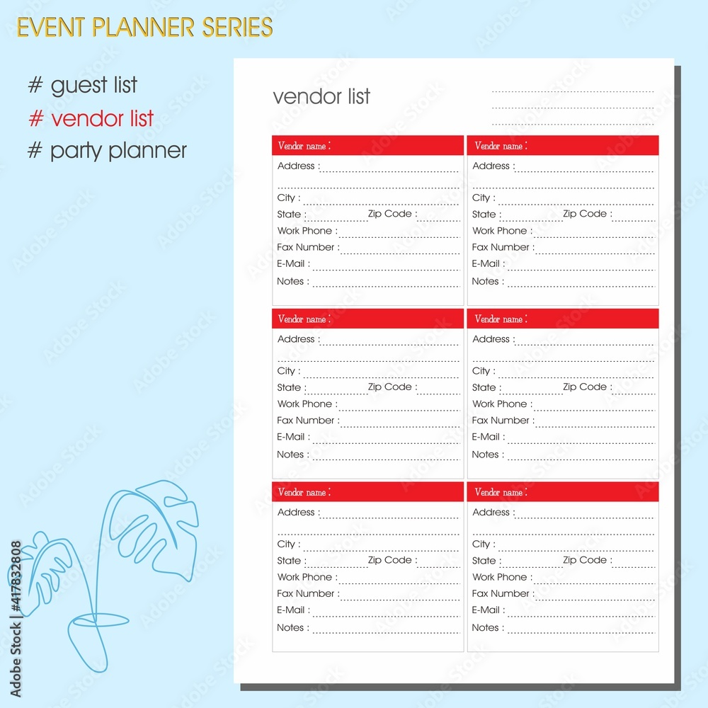 Vendor List Organizer Planner