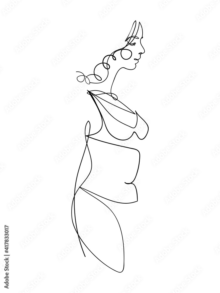  ontinuous line drawing, female figure in underwear, girl model for fashion illustration. Vector graphic hand drawing isolated on white background.