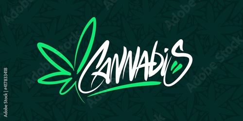 Graffiti Style Abstract Hand Written Word Cannabis With Cannabis Leaf Vector Illustration Art