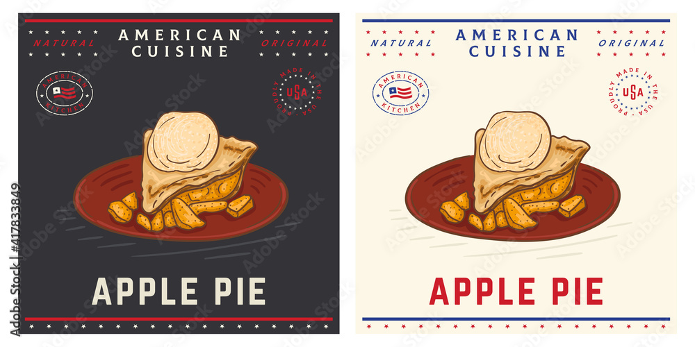 Piece of apple pie with ice cream retro vintage illustration