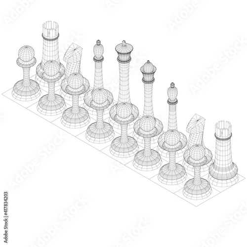 Wireframe of chess pieces lined up in a row. Isometric view. 3D. Vector illustration