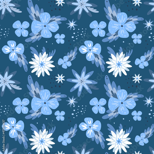 Abstract flowers on a dark blue background. Seamless pattern with simple chamomile,white daisies .Summer floral vector illustration