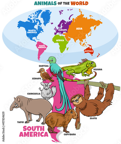educational illustration of cartoon South American animals