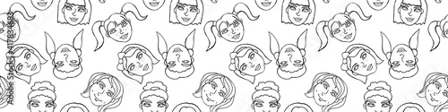 Seamless pattern with cartoon face vector people. Hand drawn line art illustration. Outline doodle head of women  girls. Texture backdrop
