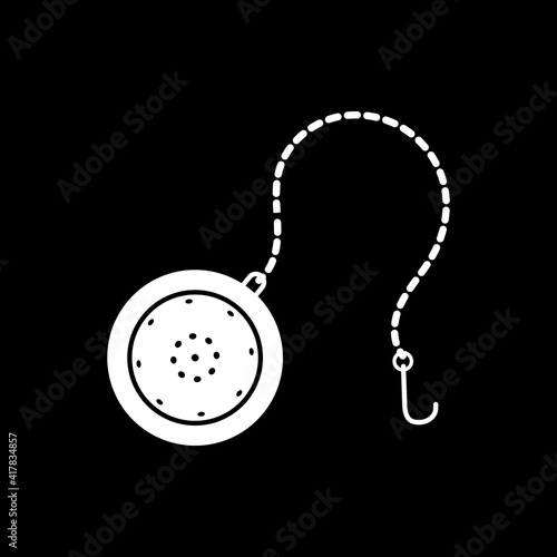 Tea infuser dark mode glyph icon. Filter for herbal leaf drink. Steel teaball. Stainless steel utensil. Kitchenware to brew tea. White silhouette symbol on black space. Vector isolated illustration