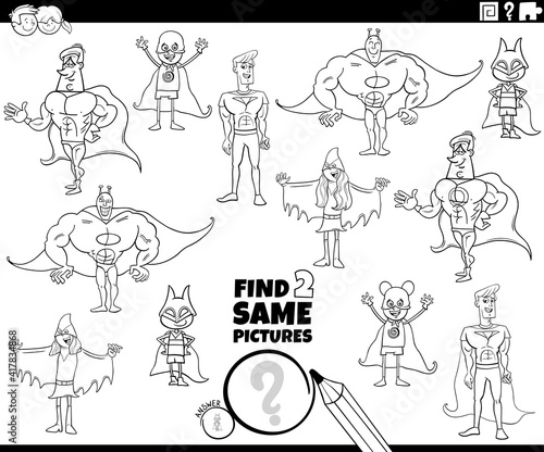 find two same super heroes characters game coloring book page