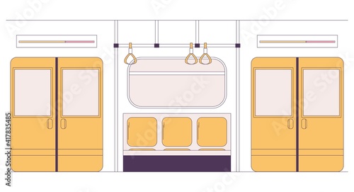 Metro or subway train car interior drawn in yellow flat style. Nobody inside. Isolated on white scene