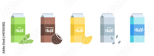 Soy, almond, coconut, rice and cow milk cardboard box set. Carton packaging design element collection. Hand drawn healthy vegan lactose free drink. Isolated vector eps illustration