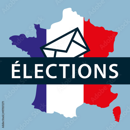 Elections. Carte de France aux couleurs du drapeau français avec bulletin de vote. Illustration vectorielle sur fond bleu.