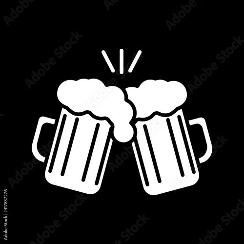 Toast with beer mugs dark mode glyph icon. Party celebration with friends. Clink with pints of ale. Alcohol beverage. White silhouette symbol on black space. Vector isolated illustration