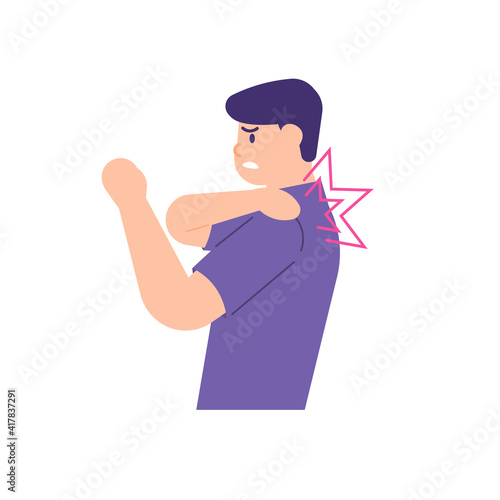 a man holds his shoulder because he feels pain in the shoulder. shoulder disease, muscle pain, shoulder injury. the expression on the face of the person who was enduring the pain. flat style. vector