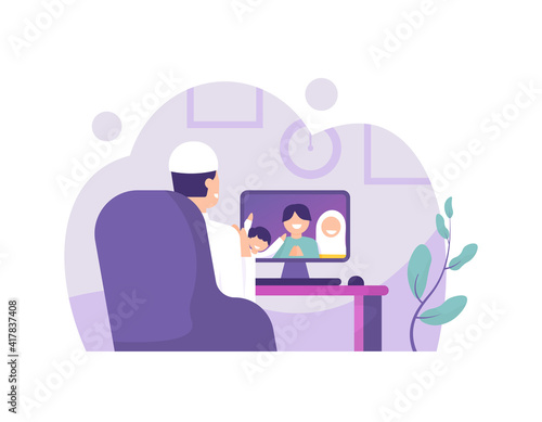 a Muslim man celebrating Eid al-Fitr. meet family using video calls on the computer. the concept of online Ramadan and Eid celebrations. vector design illustration